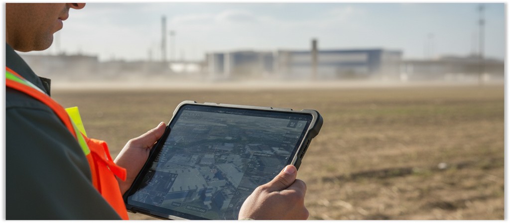 Field operator in a high-visibility vest holding a rugged tablet showing PRIMUS mission map and overlays at an industrial site