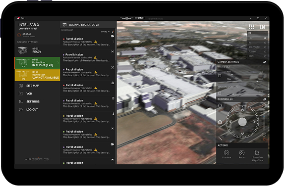 PRIMUS on a rugged tablet — docking station status, mission list with patrol missions, satellite map with flight path and waypoints, weather panel, and START MISSION controls