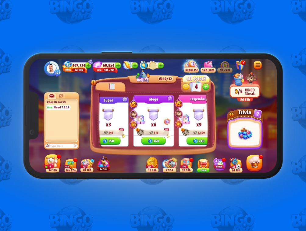 Bingo Blitz lobby on phone — Beijing event tier cards, currency bars, chat panel, and live-ops event rail on branded blue background