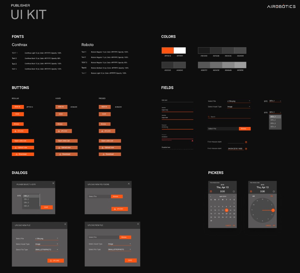 Airobotics UI kit: type, color, buttons, fields, dialogs, and pickers