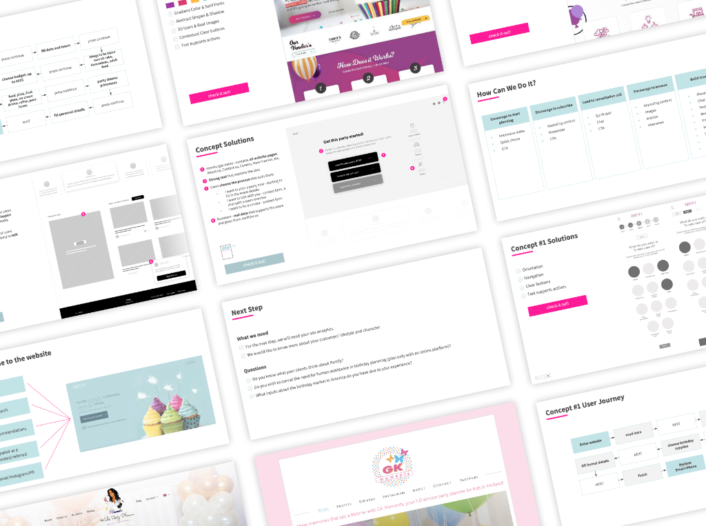 Partify screens spread in a grid: flows, concept boards, and the party site