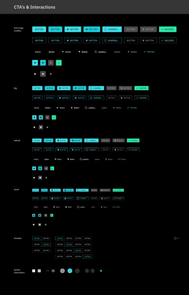 AIM UI kit — CTAs and interactions design system sheet: primary and outlined buttons, loading and success states, grouped layouts, ratings, and system controls on dark background