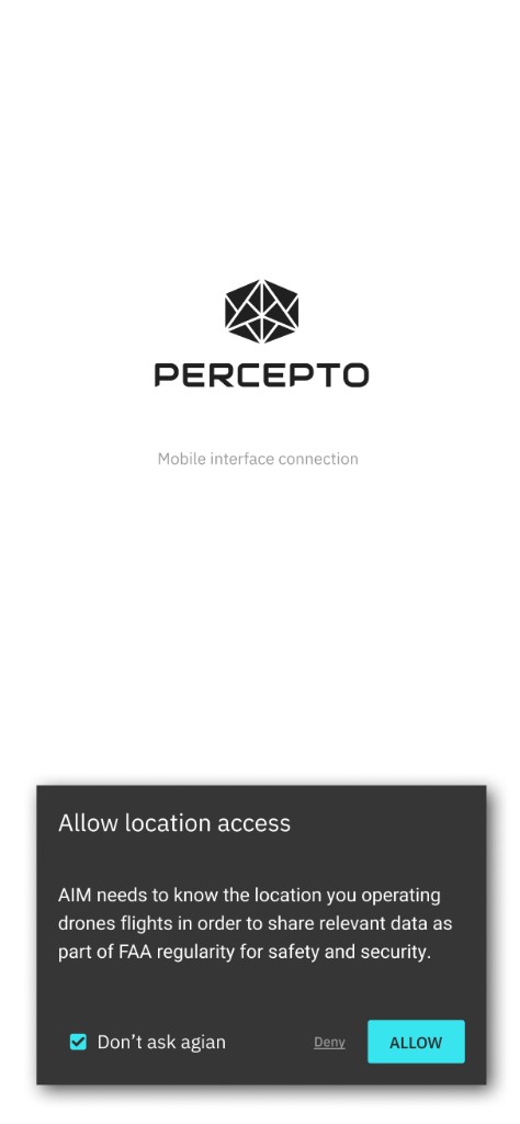 Mobile Percepto connection screen with dark Allow location access modal and Deny and ALLOW
