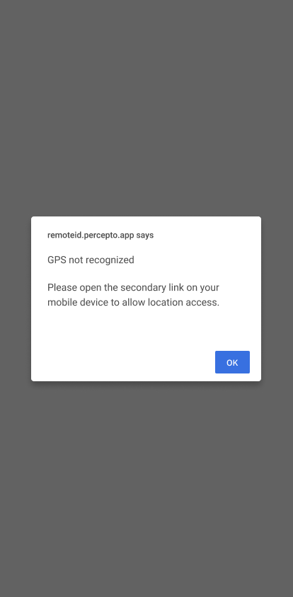 Modal on dark background: GPS not recognized, open secondary link on mobile device, OK