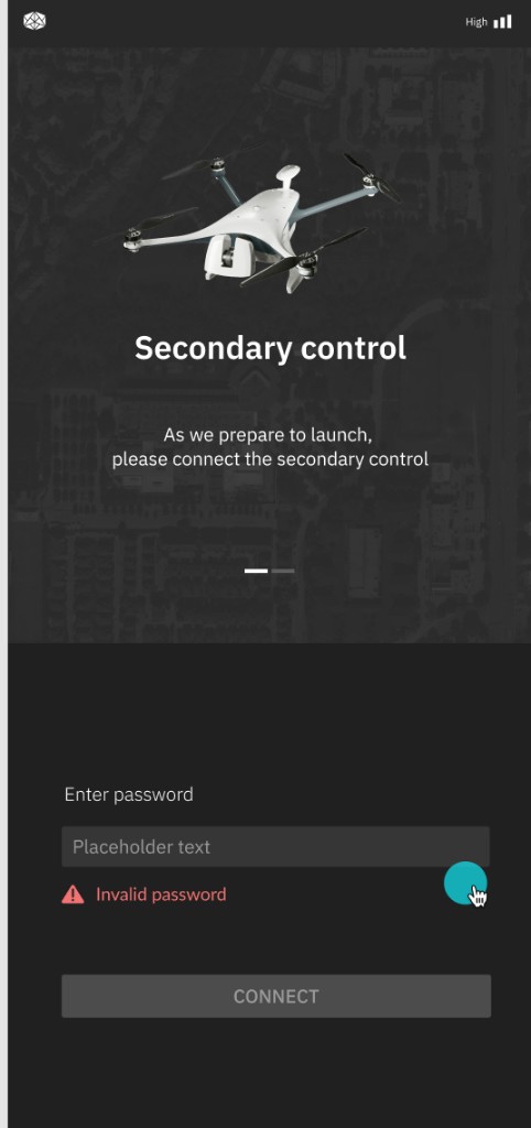 Wizard step 1: Secondary control — password entry with invalid password error and disabled Connect button