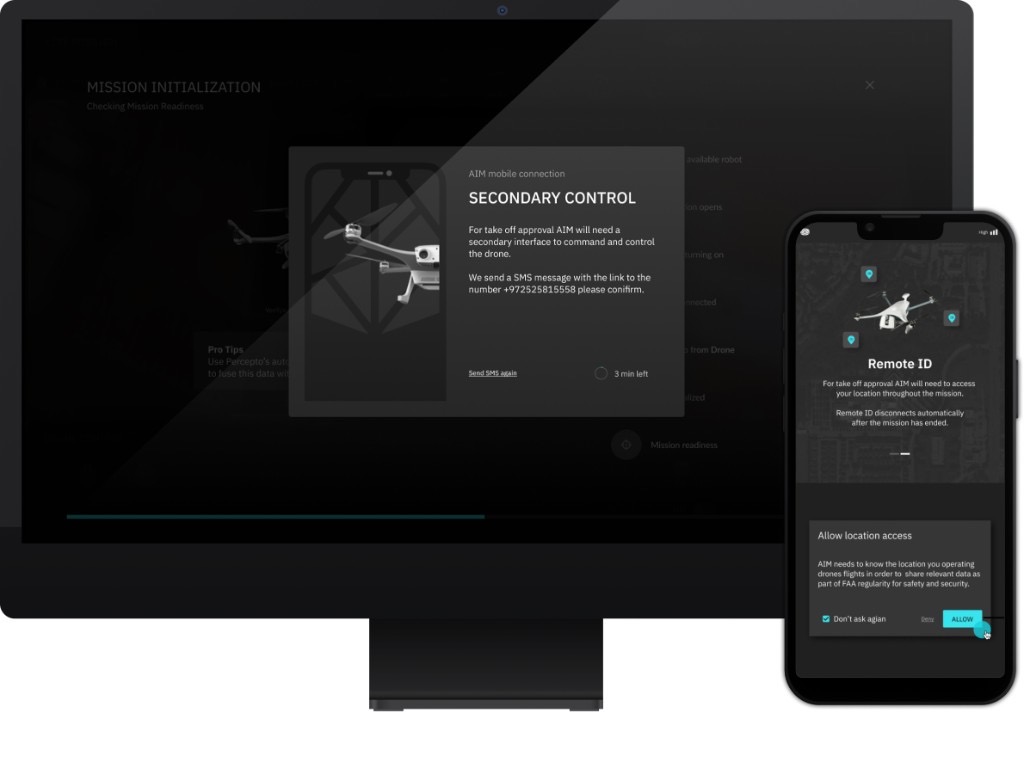 Desktop AIM mission initialization with Secondary Control SMS modal and smartphone showing Remote ID location permission and Allow action — seamless desktop-to-mobile compliance handoff